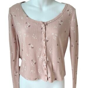 Womens Henley Thermal Top Medium Pink Floral Long Sleeve Button Up Prairiecore